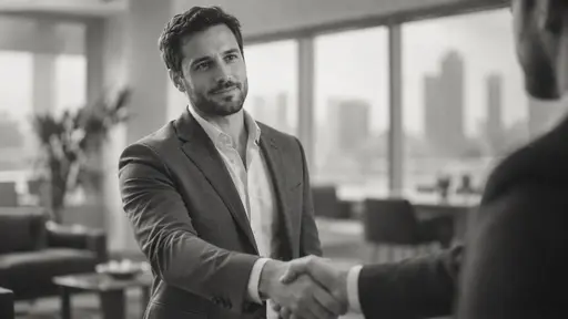 A fictional adult man with a trimmed beard in a grey jacket and white shirt offers a handshake to a colleague at the edge of the frame in a softly lit airy office.