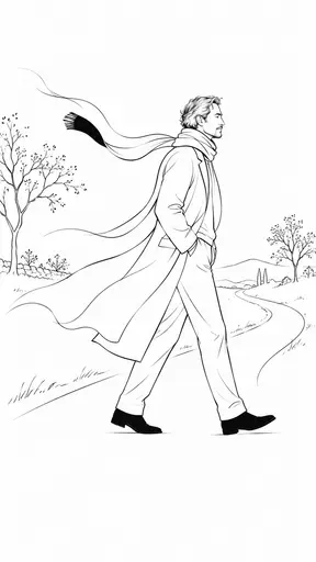 A fictional adult man in a long open coat and scarf walks in profile along a country path with the coat tails and scarf streaming back in fine flowing ink lines.