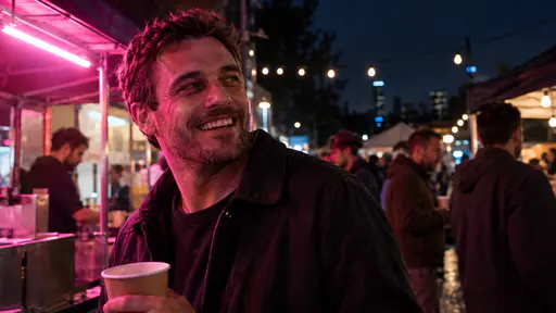 A fictional adult man with short hair and stubble in a dark jacket laughs warmly with a paper cup at an evening street food fair under a plain magenta neon tube.