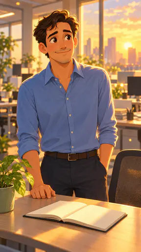 A fictional adult man in a pressed blue shirt smiles nervously at a tidy desk with a welcome plant and a blank notebook on his first day in a new office in a retro animated film still.