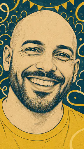 A fictional adult man with a shaved head and a short beard in a mustard shirt smiles widely against a teal ground of swirling lines suggesting festival bunting in a bold poster style.