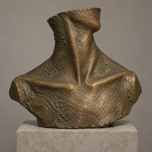 A fictional adult neck and collarbone cast in warm bronze with coiled wax cord ridges for creases and green patina in the folds, resting on a plain stone plinth.