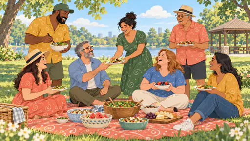 About seven fictional adults of different ages sit and stand in a loose circle sharing food on a picnic blanket in a drawing filled with sparse interlocking doodle patterns.