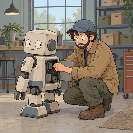 A fully clothed adult operator in a utility jacket and cap crouches beside a short square bodied robot adjusting a panel on its back in a tidy workshop.