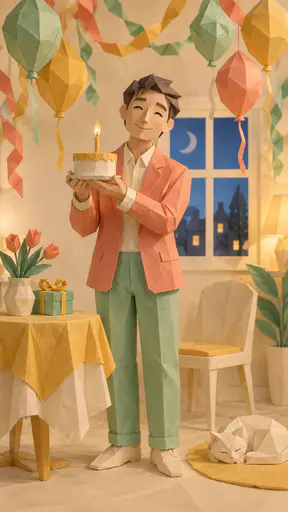 A fictional adult folded paper figure in a festive jacket holds a paper cake with a single candle at a small table under paper streamers and balloons in softly creased paper.