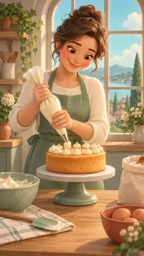 A fully clothed adult in a sage apron pipes cream onto a round sponge cake on a turntable beside a mixing bowl, a spatula and a bag of flour in soft airbrushed shading.