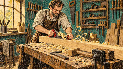 A fully clothed adult in a leather apron and round glasses planes a long oak board at a workbench as pale shavings fly beside a vice, a try square and a mallet in crosshatched ink.