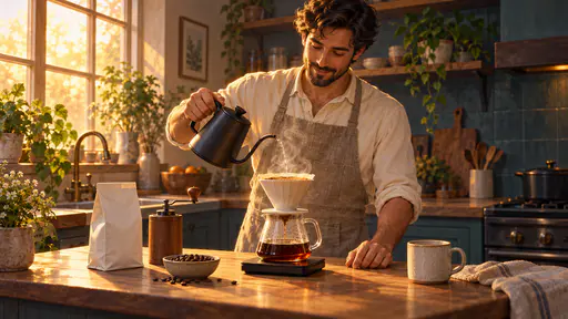 A fully clothed adult in a linen apron pours hot water from a gooseneck kettle in a spiral over ground coffee in a ceramic dripper on a glass server beside a hand grinder.