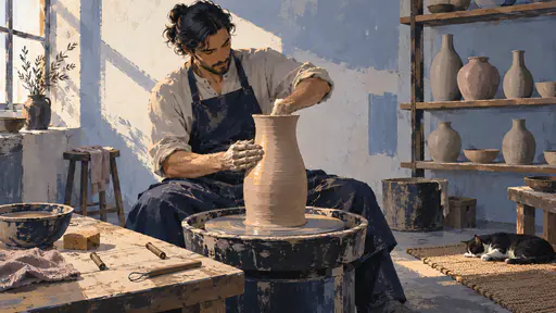 A fully clothed adult in a navy apron pulls up the wall of a tall clay vase at a wheel beside a wire cutter, a ribbon tool and drying vases on a shelf in gouache.