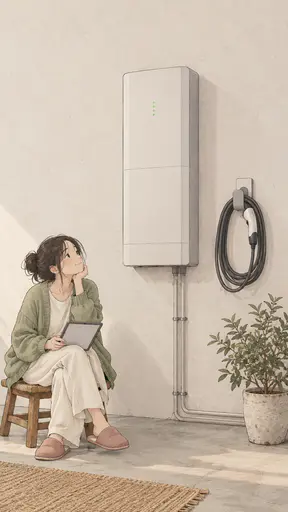 A fictional adult woman in an oversized cardigan slouches on a low stool beside a wall mounted white home battery with a row of green status dots in a muted lo fi anime illustration with a plaster wall.