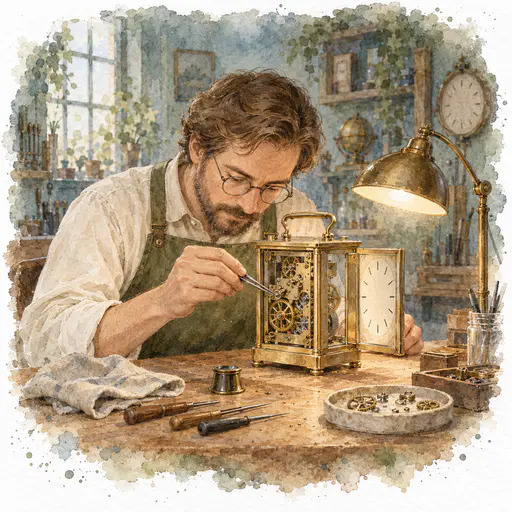 A fully clothed adult in an apron and round glasses bends over a workbench using tweezers on the exposed brass gears of an opened carriage clock beside a loupe.
