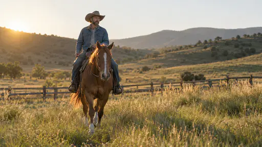 A fully clothed adult in a denim jacket and a wide brimmed hat rides a brown horse at a walk across an open ranch pasture toward the camera with hills and a fence behind.
