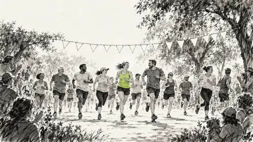 About a dozen adult runners of mixed ages run mid stride across a blank bunting start line in a bright paper clearing with grey wash park trees at the edges and one lime green vest in a loose ink sketch.