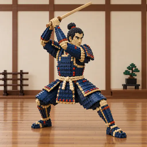 A fictional adult samurai built from interlocking blocks in dark blue armor holds a still two handed practice stance with a wooden sword in a block built dojo.