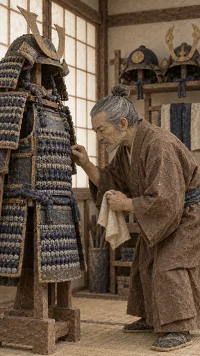 A fictional adult samurai in a plain brown robe inspects the lacing of a suit of armor on a wooden stand in a paper fibre clay figure with pressed seams and a paper window.