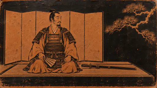 A fictional adult samurai in armor sits in seiza on a tatami platform with a folded fan on his knee and a sheathed sword beside him in a reserved clay and dark slip brush figure.