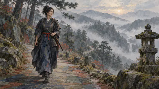 A fictional adult woman samurai in an indigo hakama strides along a misty mountain road past a stone lantern in a painting of translucent overlapping acrylic colour planes.