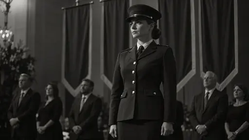 A fictional adult woman service member in a plain dark dress uniform and peaked cap stands at attention in a hall with banners in a Rembrandt lit monochrome photograph.