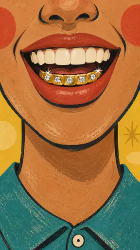 A fictional adult grins with an open mouth showing a gold band grill set with small round clear stones over the lower front teeth in a mid century cut paper and gouache style.