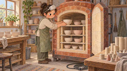 A fully clothed adult in a canvas apron stacks plain unglazed bowls on shelves inside a large brick kiln beside kiln posts and stilts in a tidy shed in chalky pastel.