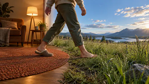 Stepping out of your comfort zone: an adult steps across the edge of a circular living-room rug onto wild open earth, one slippered foot in lamplight and one bare foot in daylight.