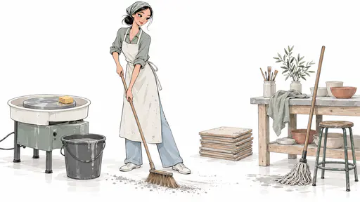 A fully clothed adult in a long apron and a head scarf sweeps clay dust from a studio floor beside a wheel being sponged clean, a slip bucket, wiped boards and a mop.