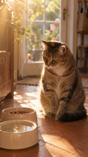 A fully grown tabby cat sits calmly beside a ceramic food bowl and a water dish on a kitchen floor by a back door in a film photograph with a low golden sun veil.