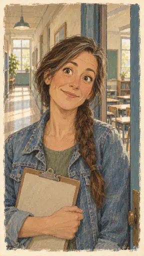 A fictional adult woman teacher with a long braid in a denim jacket leans in a classroom doorway with a plain clipboard and a welcoming smile before an empty corridor.