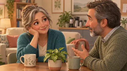 A fictional adult woman teacher with grey streaked hair in a teal cardigan listens kindly with a hand on her cheek to an adult male colleague in a sage sweater at a small table with two mugs.