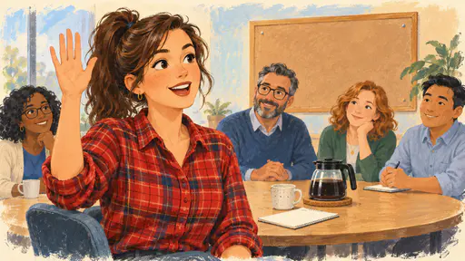 A fictional adult woman teacher with a high ponytail in a red plaid shirt raises a hand to speak at a round table of four adult colleagues with a notepad and a coffee pot.