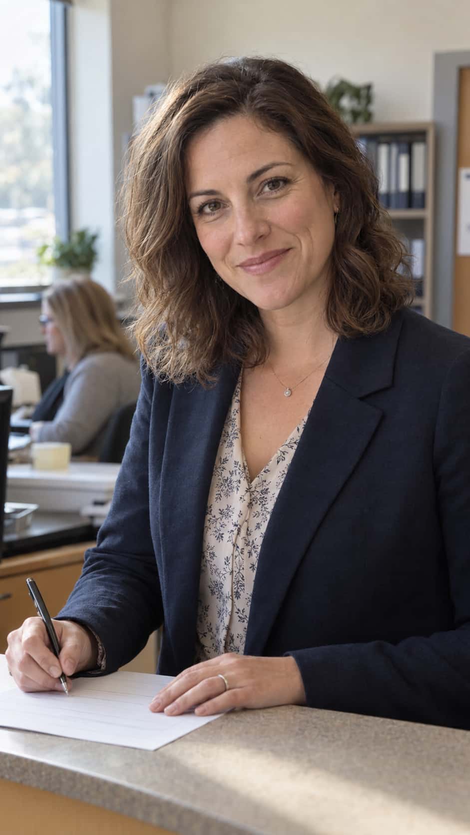 A fictional adult woman teacher with wavy brown hair in a navy blazer signs a plain form at a school office counter and looks up with a half smile in natural window light.
