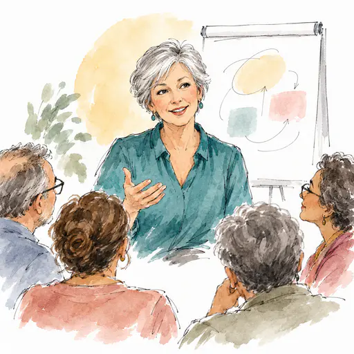 A fictional adult woman teacher with silver hair in a teal blouse speaks with an open hand to a semicircle of adult learners beside a flip chart with scribbled shapes in loose ink and wash.