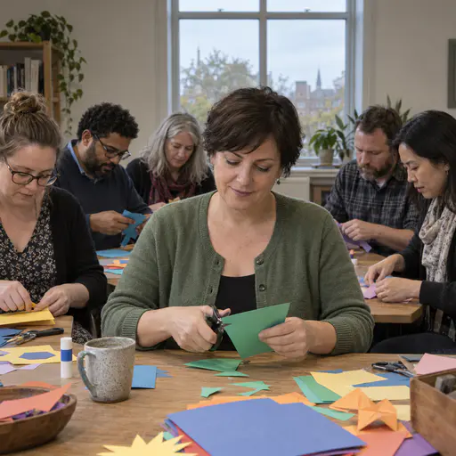 A fictional adult woman teacher in a sage cardigan sits at a long table among five adult teachers working together with coloured card and scissors at a teaching workshop.
