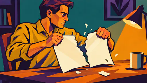 A fully clothed adult in a mustard shirt tears a large blank sheet of paper in two with both hands as scraps fly beside a desk lamp and a mug in angular planes.
