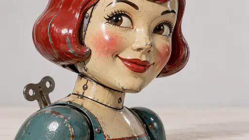 A fictional adult tin toy woman with a red painted bob and painted smiling lips has folded sheet metal cheeks, stamped rivets and a small key on a pale studio tabletop.