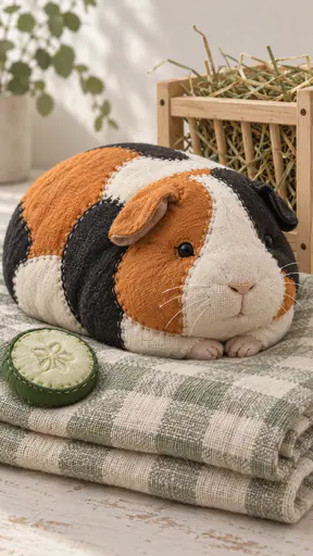 A fully grown tricolour guinea pig plush with orange, white and black patches rests on a folded checked towel beside a small hay rack and a plush cucumber slice.