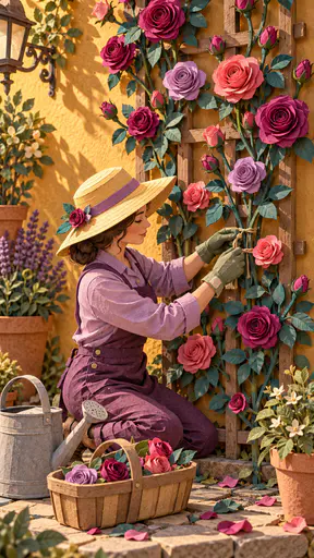 A fully clothed adult in a wide brimmed hat and gloves kneels to tie a climbing rose to a wooden trellis with twine beside a watering can and a trug in layered paper.