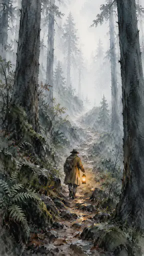 A small adult walker in a long coat and a brimmed hat carries a glowing lantern up a forest trail between tall dark trunks into pale fog.