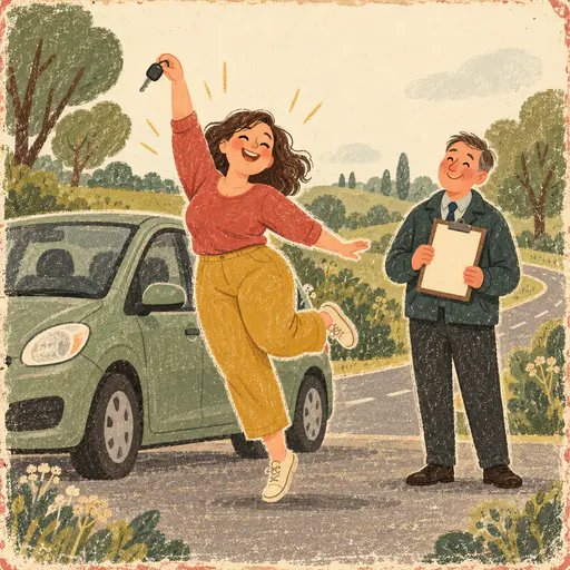 A fictional adult woman leaps for joy beside a small green hatchback with car keys raised while a smiling adult examiner holds a blank clipboard in a chalky worn screen print storybook illustration.