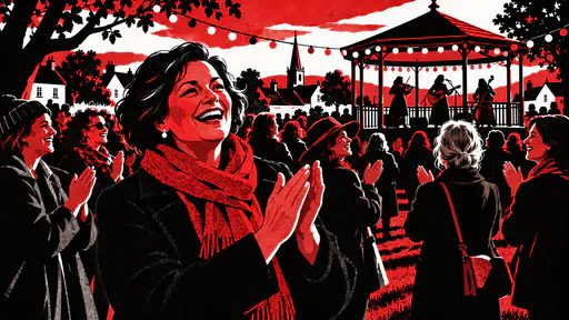 A fictional adult woman in a black coat and a crimson scarf laughs and claps among a crowd of adults at an outdoor village concert with a bandstand and strings of bulbs.