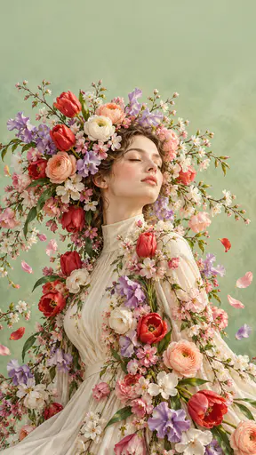 A fictional adult woman in a high necked long sleeved cream dress with closed eyes and a lifted chin is crowned by tulips, ranunculus, sweet peas and blossom branches that spill over her shoulders with loose petals on a pale green ground.