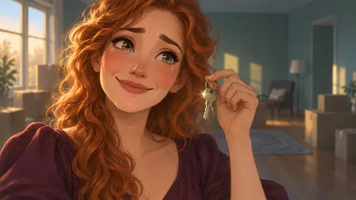 A fictional adult woman with copper wavy hair in a plum dress smiles softly with happy tears holding plain house keys beside her face in a new half furnished living room.