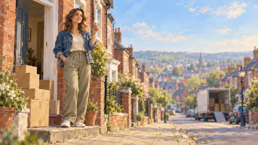 A fictional adult woman in a denim jacket holds up a single brass key on the front step of a small brick terraced house with cardboard boxes beside the open door in a soft painterly illustration.