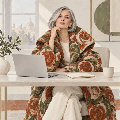 A fictional adult woman with a sleek silver bob in an oversized patterned wool coat sits at a clean desk with a laptop, a plain notebook and a cup in looping gouache strokes.