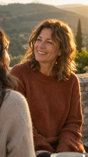 A fictional adult woman with wavy hair in a rust sweater laughs in half profile while talking with a friend on a sunny stone terrace with a blurred green hillside.