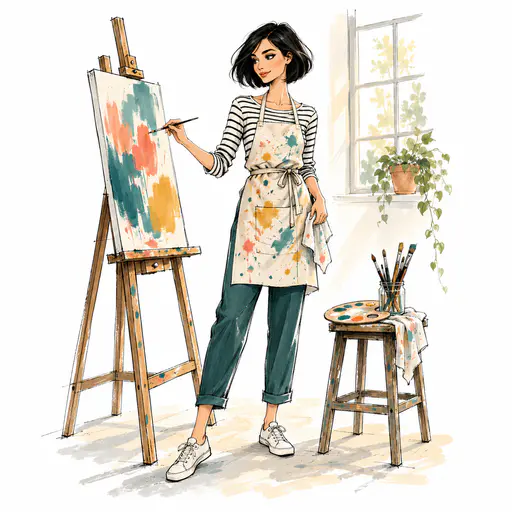 A fictional adult woman with a sleek black bob in a paint flecked apron paints at a small easel with a palette and a jar of brushes on a stool in loose ink lines and flat washes.