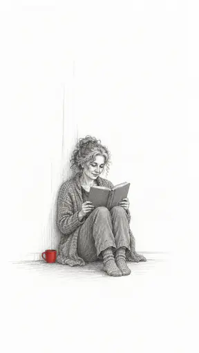 A fictional adult woman with curly grey hair in a long cardigan sits on the floor reading a plain hardback book with a tiny red mug beside her on vast empty white paper.