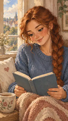 A fictional adult woman with a long auburn braid in a dusty blue sweater reads a plain cloth bound book in a sunny window seat in a chunky gouache cartoon with a heart mark.