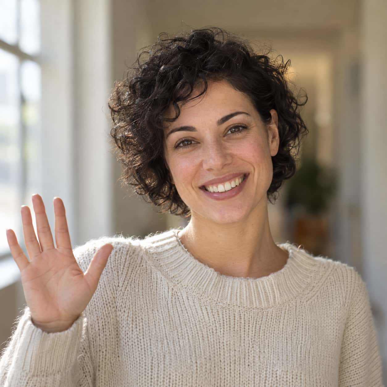 A fictional adult woman with short dark curly hair in a cream knit sweater smiles warmly with a raised hand in a friendly greeting in a sunlit hallway in natural window light.