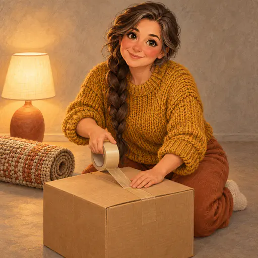 A fictional adult woman with a long braid in a mustard knit sweater tapes closed the last cardboard box beside a lamp and a rolled rug in an almost empty room in a knit textured picture book portrait.